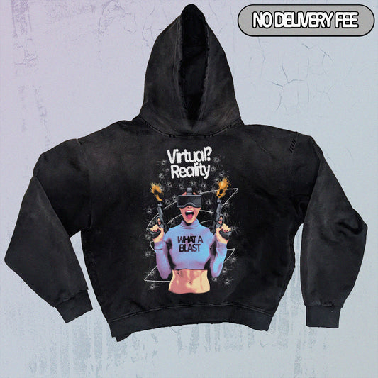 VIRTUAL? REALITY - Premium 420GSM Sunfaded and Frayed Boxy Hoodie